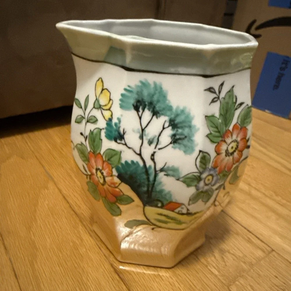 Vintage Made in Japan Lusterware Pitcher Floral Landscape Octagonal Porcelain
